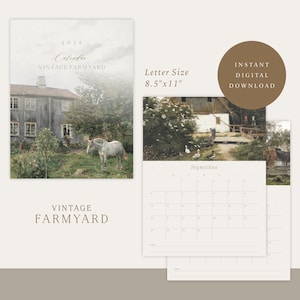 Może przedstawiać: Cyfrowy kalendarz do pobrania z motywem vintage farmy. Kalendarz zawiera obraz farmy, konia i stronę kalendarza na wrzesień. Rozmiar to 21,59 cm x 27,94 cm. Widoczne są również słowa "Vintage Farmyard" i "Natychmiastowe pobieranie cyfrowe".