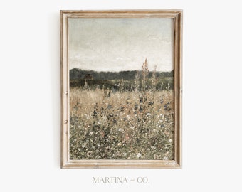 Campo de flores silvestres Vertical / Pintura vintage / Arte de pared IMPRIMIBLE digital