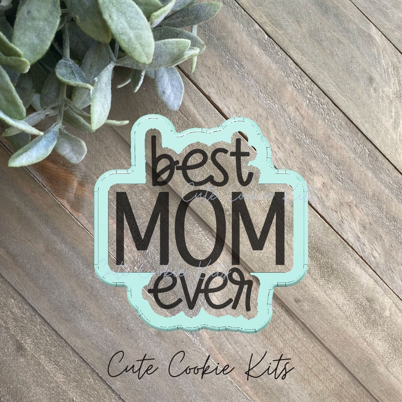 May include: A light blue plastic cookie cutter with the text "best MOM ever" in black.