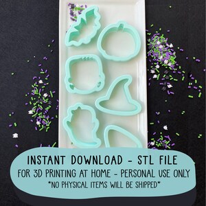 May include: A set of six teal blue 3D printed cookie cutters shaped like a bat, pumpkin, ghost, witch's hat, and two leaves. The cookie cutters are on a white plate with colorful sprinkles scattered around them.  INSTANT DOWNLOAD - STL FILE FOR 3D PRINTING AT HOME - PERSONAL USE ONLY *NO PHYSICAL ITEMS WILL BE SHIPPED*