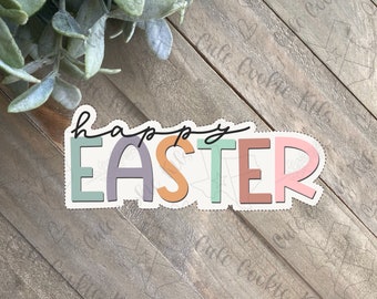 May include: Happy Easter greeting in colorful letters with a white background and a dotted outline. The letters are in shades of pink, orange, green, and purple.