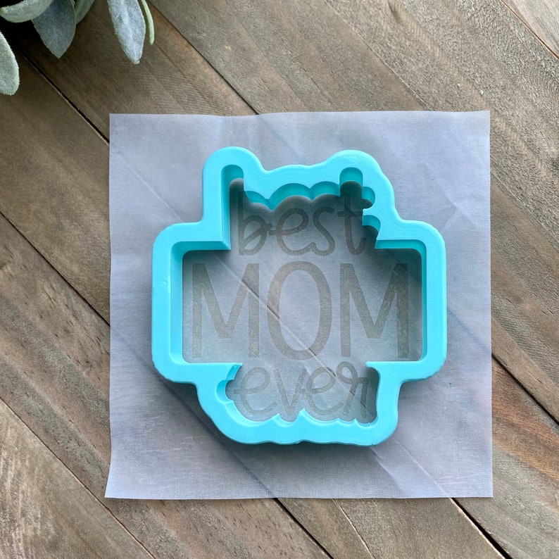 May include: A light blue plastic cookie cutter shaped like a banner with the text "best MOM ever" in white.