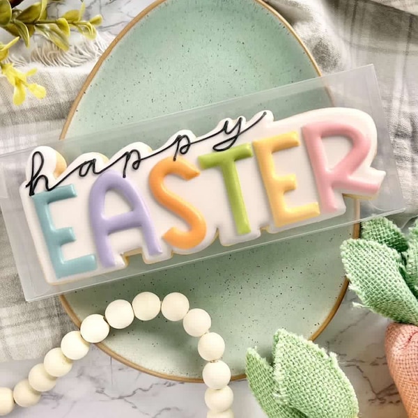 Happy Easter Plaque Cookie Cutter - Hoppy Easter - Hand Lettering - Perfect for Spring, Easter Sets - Cutter for Dough and More (CCK535)