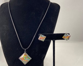 Earrings & necklace, black tone metal, tye dye, square jewelry set, up-cycling, rainbow