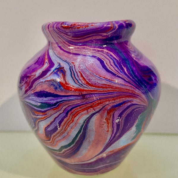 Mini Ceramic Vessel, 3 inches tall, Hand Water Marbled in Shades of Purple, Red, Blue & Magenta.