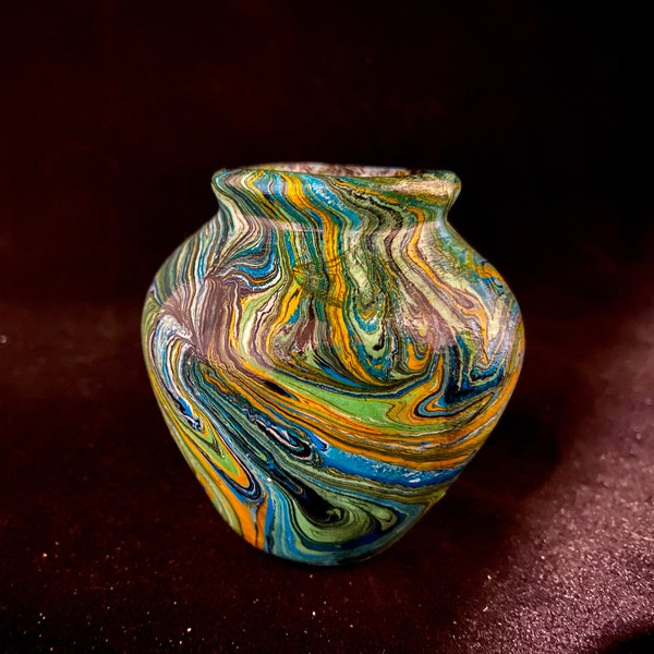 Mini Ceramic Vessel, 3 inches tall, Hand Water Marbled in Shades of Green, Blue & Yellow.