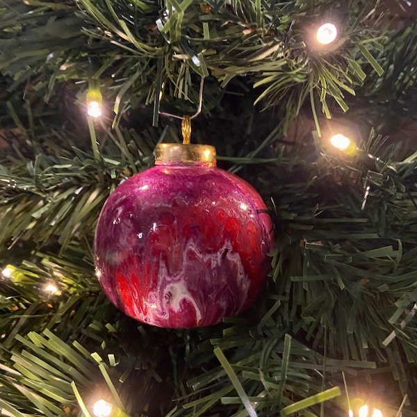 Dramatic Ball Shaped Red, Hot Pink, Fushcia, Magenta & White Ornament Acrylic Paint Pouring