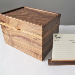 Walnut recipe card box, Wooden recipe box 4 x 6 with holder, Bridal shower gift