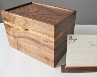 Boîte de cartes de recettes en noyer, boîte de recettes en bois 4 x 6 avec support, cadeau de douche nuptiale