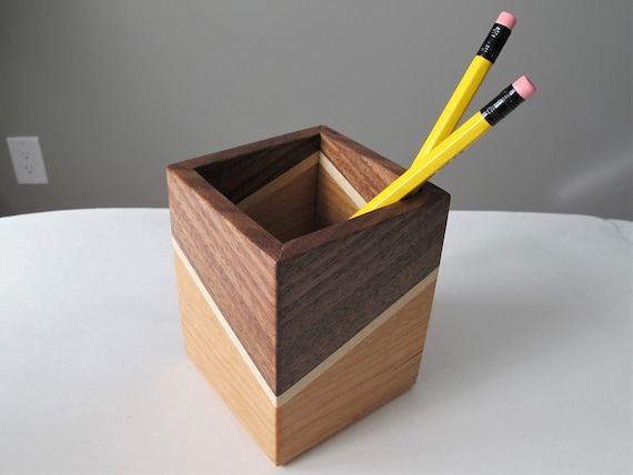 Wooden pen holder, Walnut desk caddy, Wood desk organizer