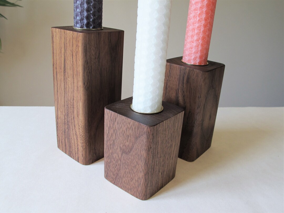 Minimalist Taper Candle Holders Set of 3 or 4, Modern Walnut Candle