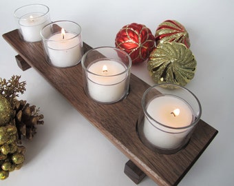 Advent candle holder, Walnut & glass votive holder, Wood tea light holder,