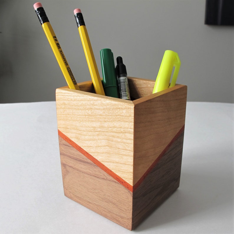 Wooden pen holder, Walnut desk caddy, Wood desk organizer Style 2 (C/Pa/W)
