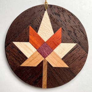 Maple Leaf Wood Ornament - Handcrafted Canadian Hardwood Mosaic Gift