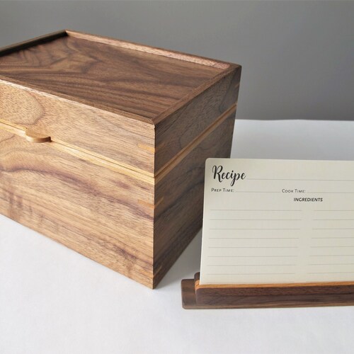 Handcrafted Walnut Recipe Card Box with Holder, Bridal Shower Gift