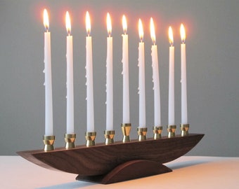 Modern Hanukkah menorah, Wooden menorah, Contemporary walnut chanukiah, Jewish wedding gift