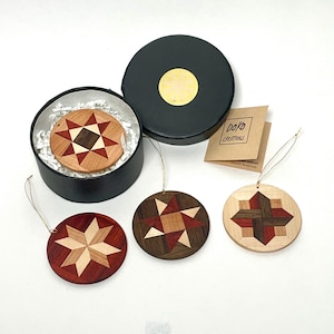 Geometric Quilt Wood Ornament - Handcrafted Star Pattern Holiday Gift