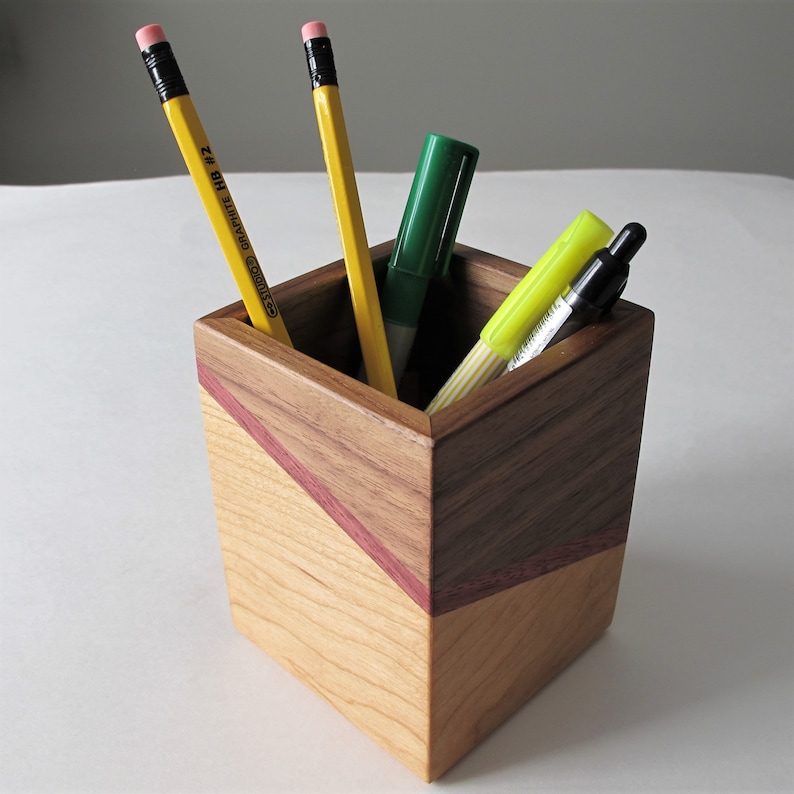 Wooden pen holder, Walnut desk caddy, Wood desk organizer Style 3 (W/Pu/C)