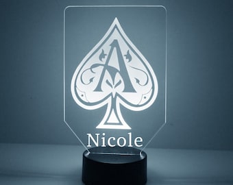Light Up Ace of Spades, Custom Engraved Night Light, Personalized Free, 16 Color Options with Remote Control, Poker, Casino Decor