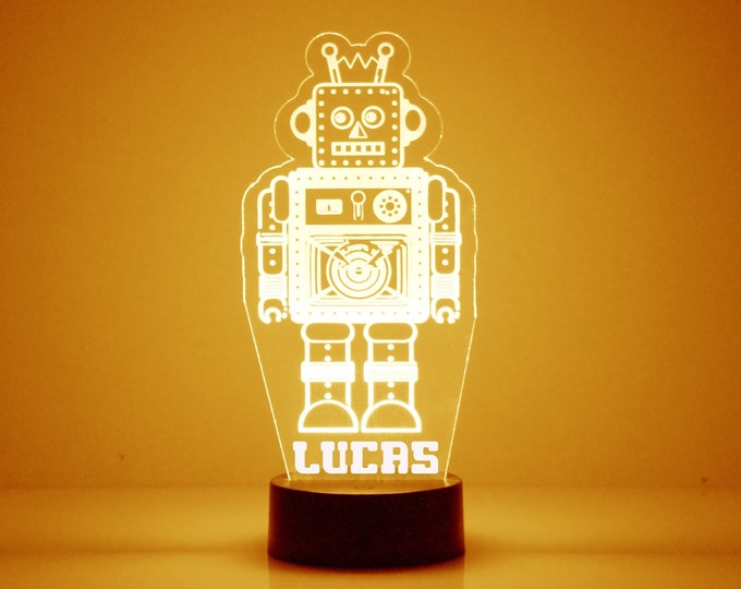 Light Up Robot, Veilleuse LED gravée personnalisée, Personnalisé gratuit, 16 options de couleur avec télécommande, Kid’s Room Robot Night Light