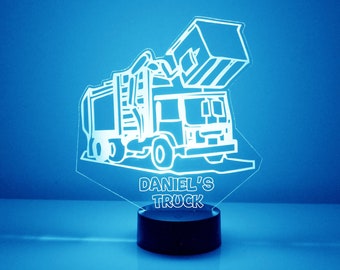 Light Up Garbage Truck, Custom Engraved Night Light, Personalized Free, 16 Color Options w/ Remote Control, Kids Room Garbage Truck Light Up