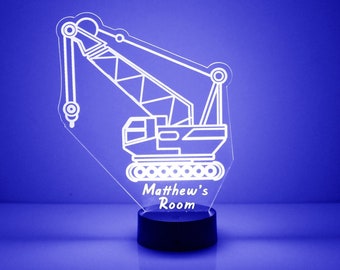 Light Up Construction Crane, Custom Engraved Night Light, Personalized Free, 16 Color Options with Remote Control, Kids Room Crane Light Up