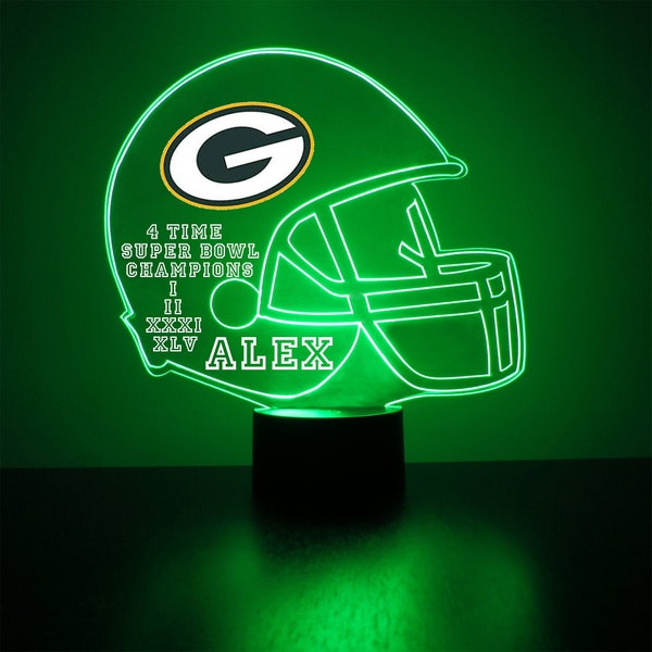 Green Bay Packers, LED Football Sports Fan Lamp, Custom Made Night Light, Personalized Free, 16 Color Option, Featuring Licensed Decal