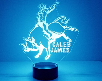 Light Up Bull Rider, Custom Engraved Rodeo Night Light, Personalized Free, 16 Color Options with Remote Control