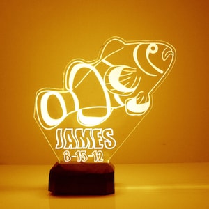 Light Up Clown Fish, Custom Engraved Night Light, Personalized Free, 16 Color Options with Remote Control, Clown Fish Desk Lamp
