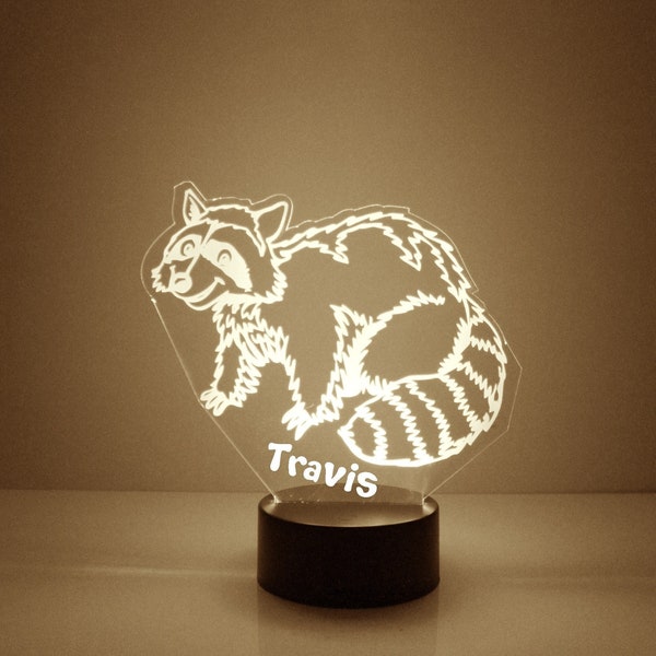 Light Up Raccoon, Veilleuse gravée personnalisée, Gratuit personnalisé, 16 options de couleurs avec télécommande, Meilleur cadeau, Lampe de bureau, Décor de raton laveur