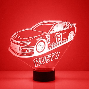 Les fans de course Nascar allument la voiture, Veilleuse LED, gravé sur mesure, Option 16 couleurs, Lampe de voiture de course