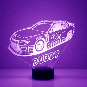 Les fans de course Nascar allument la voiture, Veilleuse LED, gravé sur mesure, Option 16 couleurs, Lampe de voiture de course
