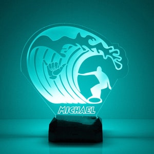 Light Up Surfing Sign, Custom Engraved Night Light, Personalized Free, 16 Color Options with Remote Control, Surfer Light Up
