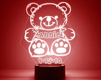 Light Up Teddy Bear, Custom Engraved Night Light, Personalized Free, 16 Color Options with Remote Control, Teddy Bear Desk Lamp