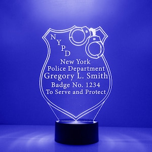 Police Badge Light Up Art , Custom Engraved Night Light, Personalized Free, 16 Color Options with Remote Control, Police Officers Best Gift