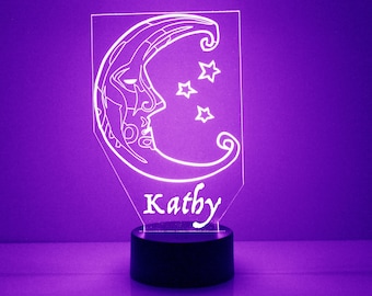 Crescent Moon and Stars, Custom Engraved LED Night Light, Personalized Free, 16 Color Options , With Remote Control, Celestial Home Decor