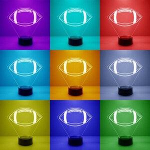 May include: Nine different colored backgrounds with a white outline of an American football on a black base. The backgrounds are purple, teal, red, blue, orange, grey, yellow, blue, and green.