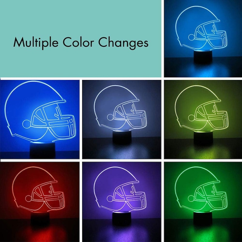 May include: A white outline of a football helmet with a face mask is illuminated in multiple colors, including blue, white, green, red, purple, and green. The image shows the different color options available for the light.