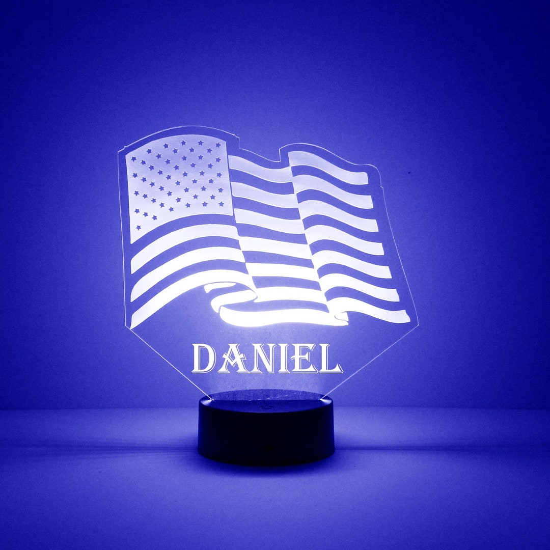 Light up American Flag, Custom Engraved Night Light, Personalized Free