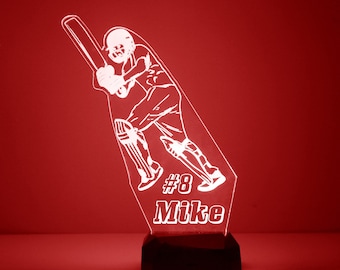 Light Up Cricket Player, Custom Engraved Night Light, Personalized Free, 16 Color Options with Remote Control, Cricket Player Desk lamp