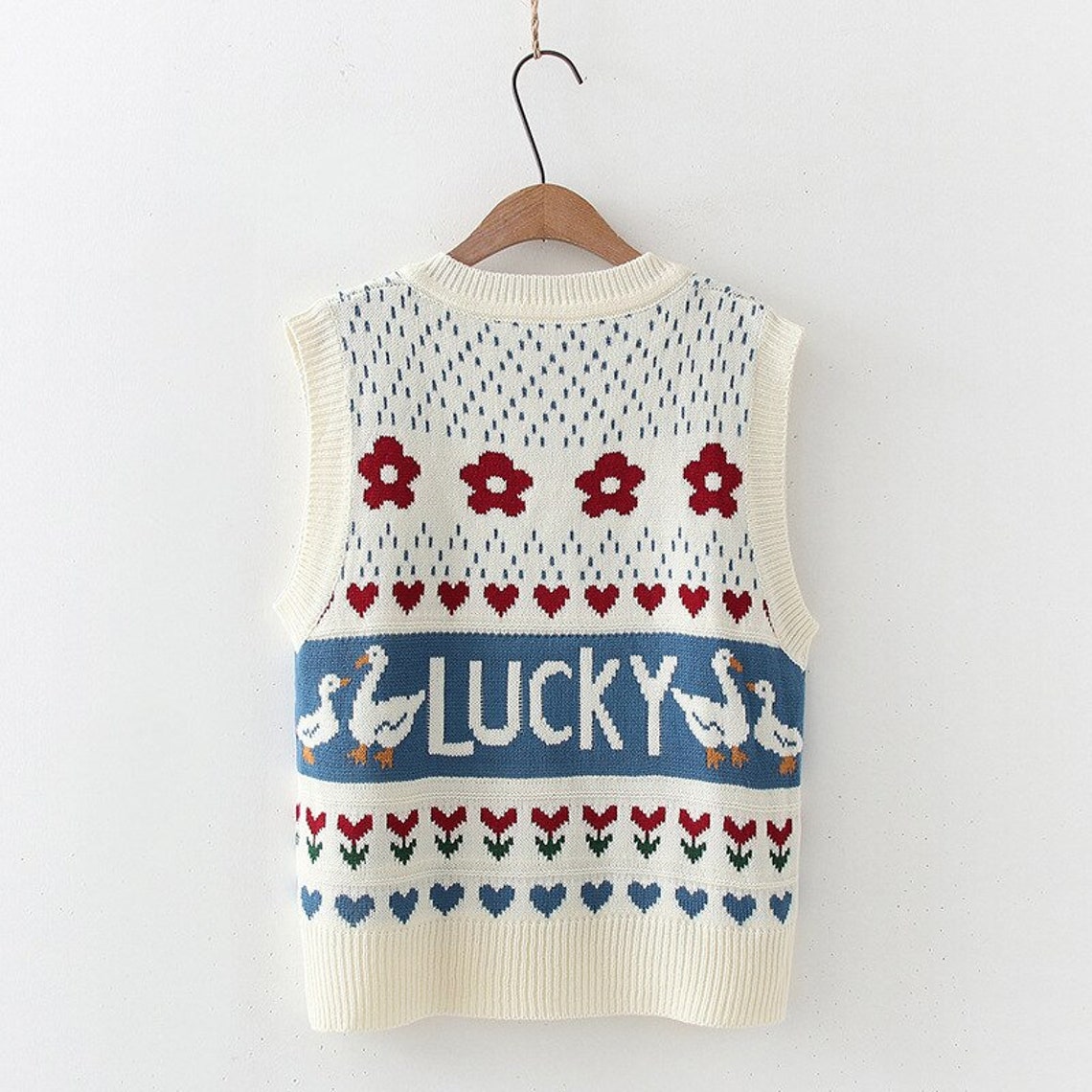 V Neck Lucky Duck Knit Sweater Vest Etsy