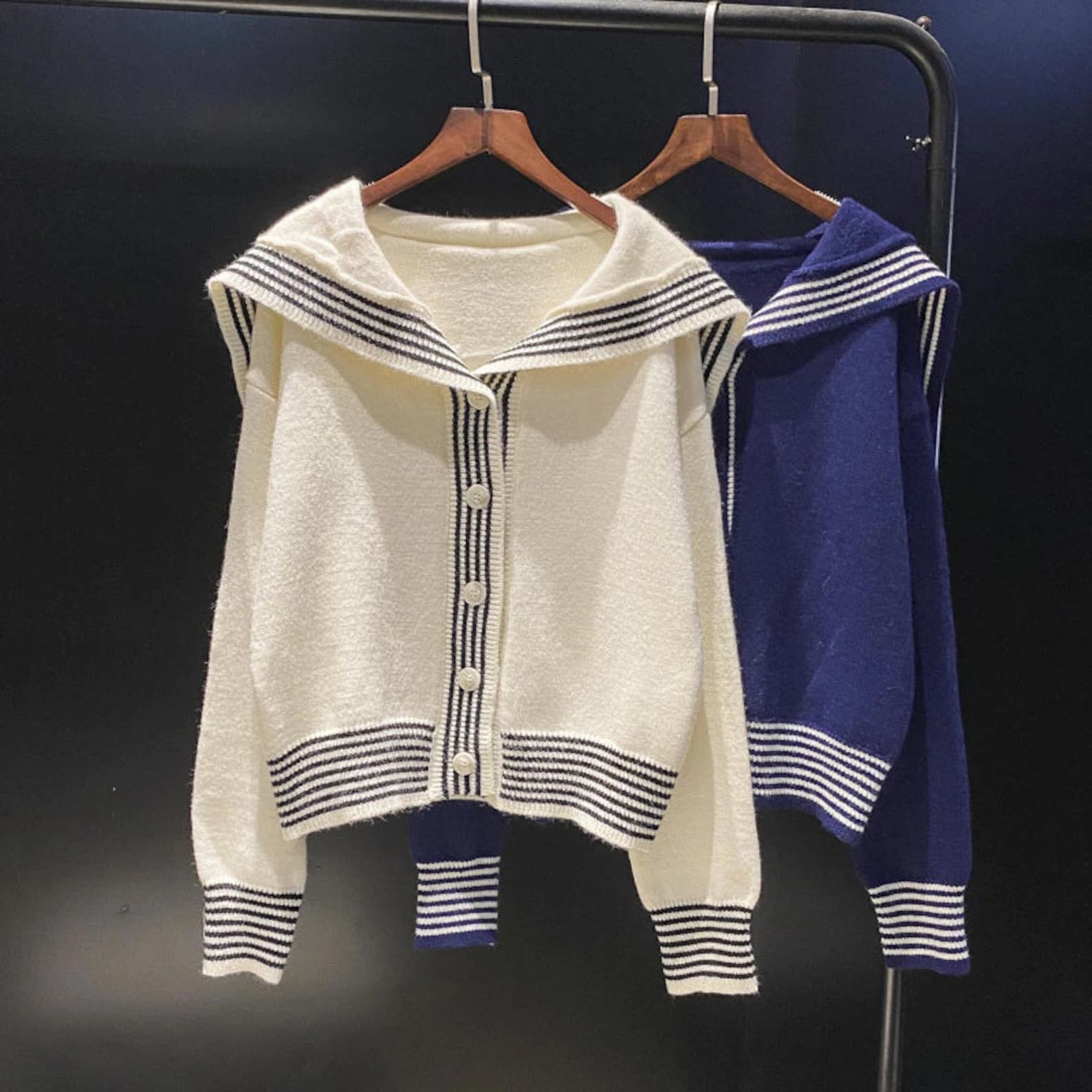 Stripe Sailor Collar Knit Sweater Cardigan Etsy