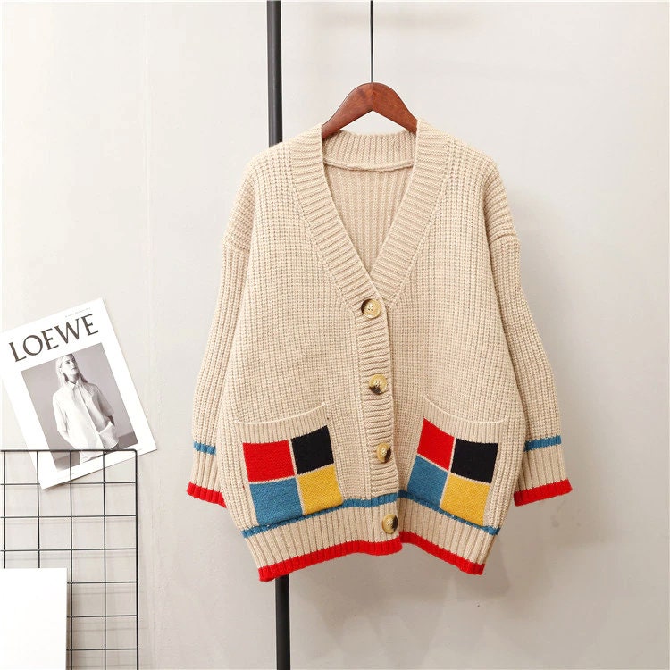 V Neck Piet Mondrian Block Art Knit Sweater Cardigan | Etsy