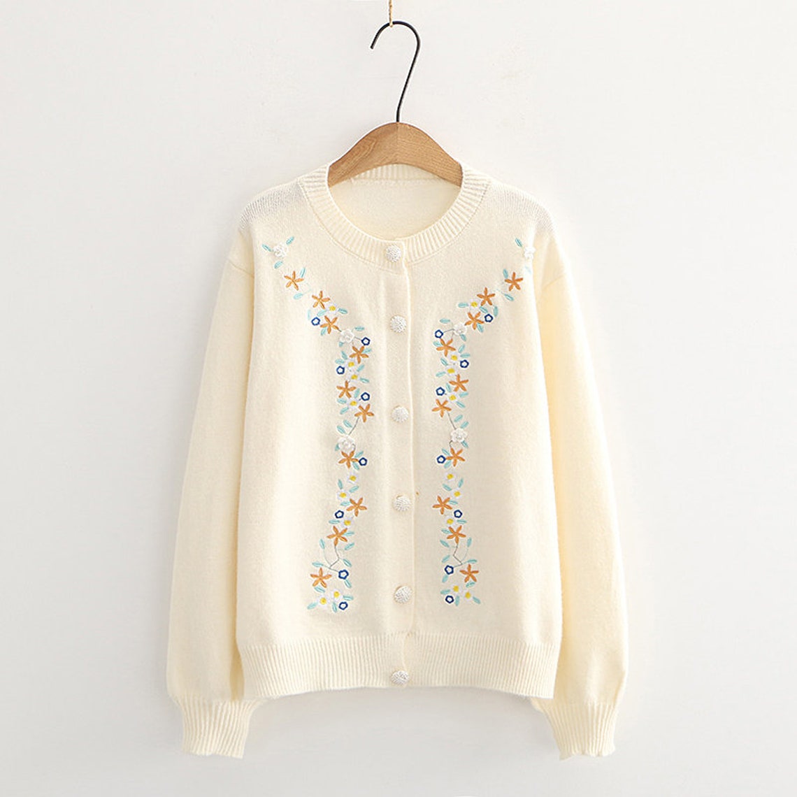 Embroidery Flower Knit Sweater Cardigan Etsy