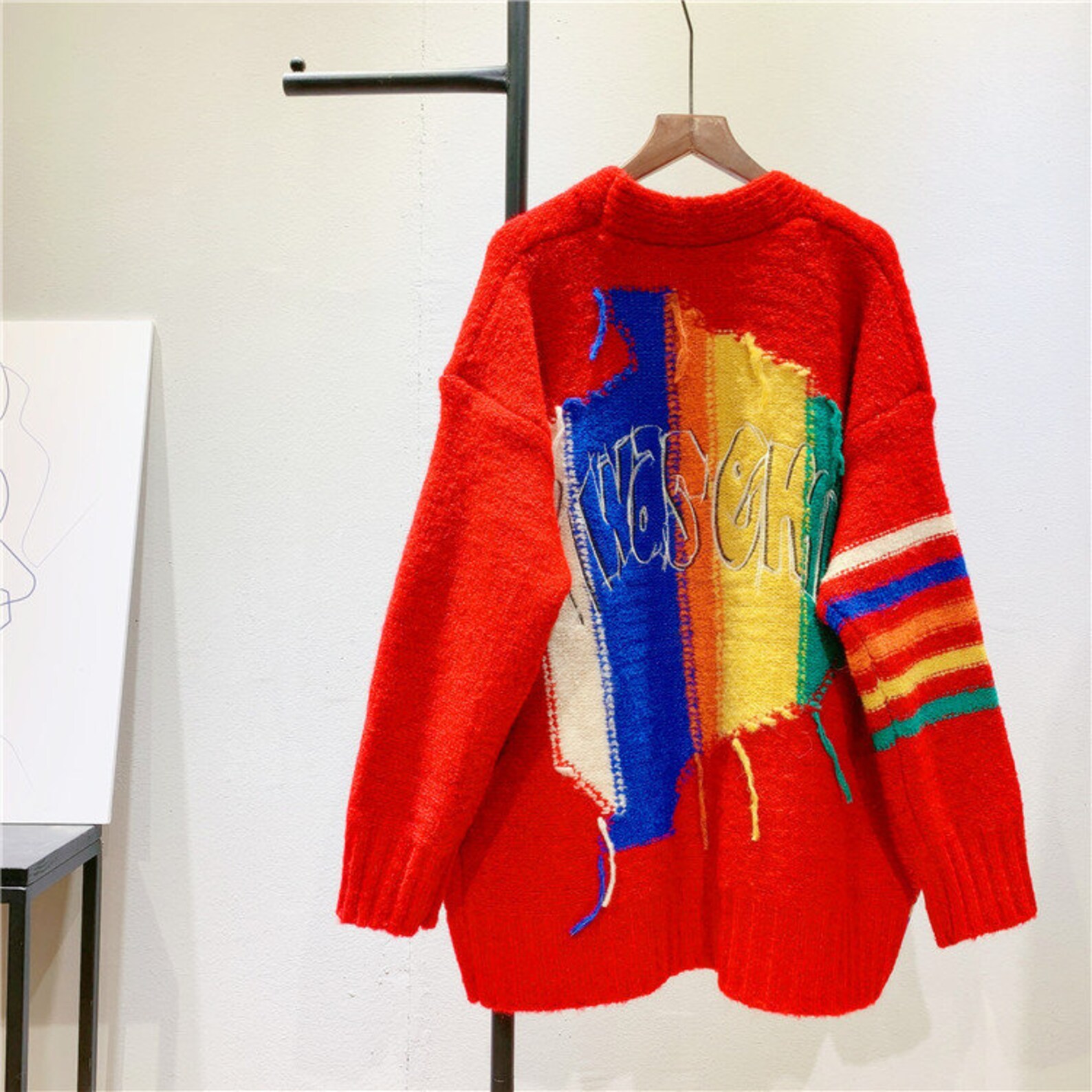 Thick V Neck Stripe Graffiti Knit Sweater Cardigan | Etsy