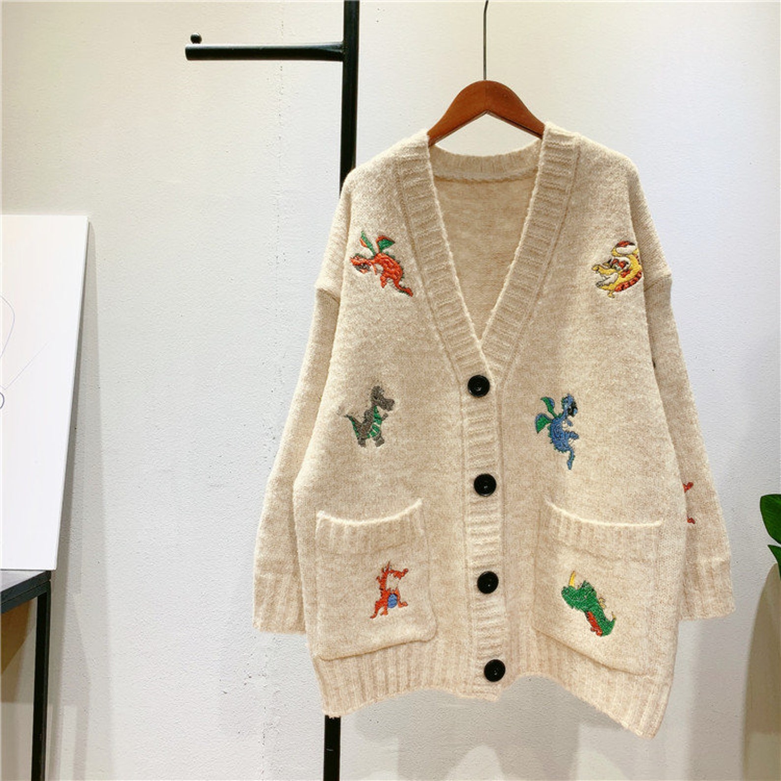 Dinosaur Embroidery Knit Sweater Cardigan Etsy