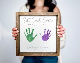 Father&#39;s Day handprint craft sign, fathers day gifts from kids, best dad ever hands down sign, DIY personalized handprint sign from kids