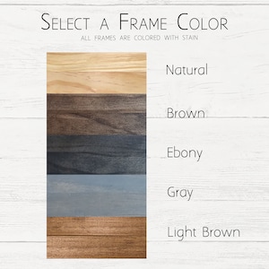 May include: Five wood samples showing different frame colors: natural, brown, ebony, gray, and light brown.  The text "SELECT A FRAME COLOR" and "ALL FRAMES ARE COLORED WITH STAIN" is above the samples.