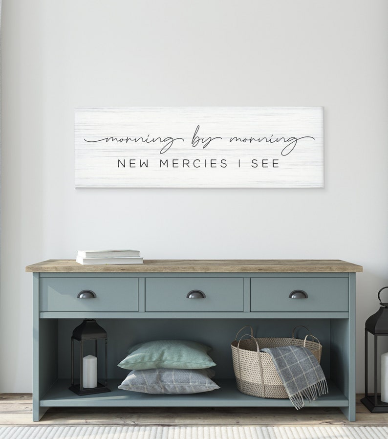 Morning By Morning New Mercies I See sign, Christian wall decor, hymn song, sign for home, living room wall decor, song lyrics sign image 3