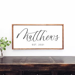 personalized last name family sign - custom wood framed sign with last name and established date - family wall decor